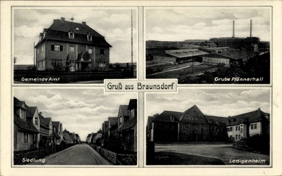 Postcard Braunsdorf Wilsdruff Saxony, front view of the municipality Amt, Pfännerhall mine, settlement, Led