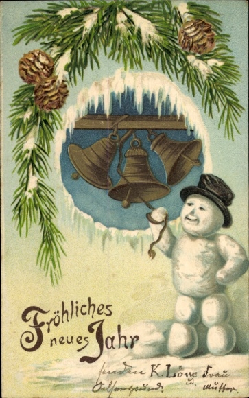 Ak Glückwunsch Neujahr, Schneemann, Glocken