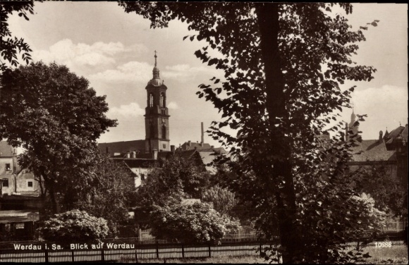 Postcard Werdau in Saxony, view of church tower, trees,