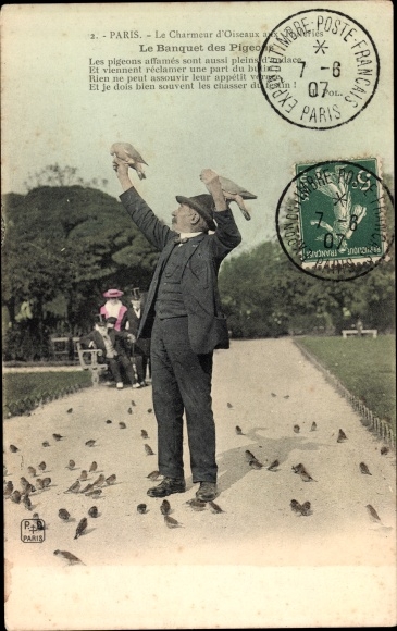 Postcard Paris, The Bird Charmer, Tuileries Garden, The Pigeon Banquet