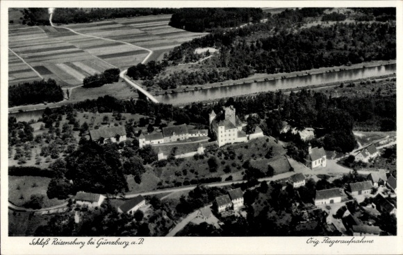 Postcard Reisensburg Günzburg on the Danube Swabia, aerial photography, castle