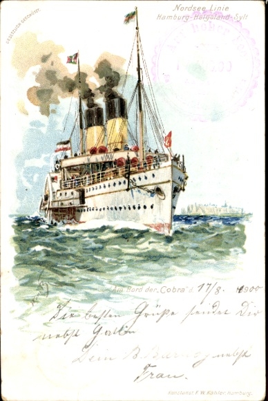 Kunstenaar litho Bohrdt, Hans, stoomschip Cobra, HAPAG kuststoomboot Hamburg-Helgoland-Sylt