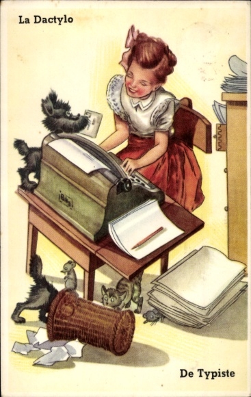 Postcard woman working on typewriter, documents, cat, dog, mice