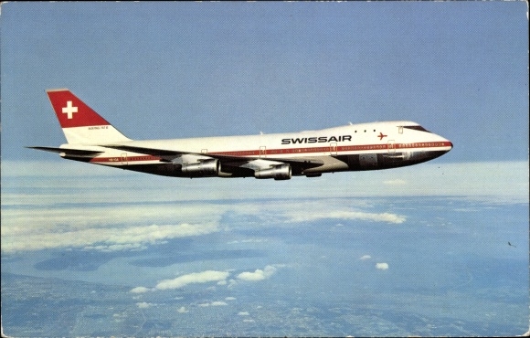 Postcard Swiss passenger aircraft, Swissair, Boeing 747-257 B