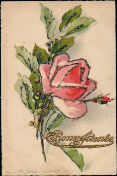 Glitzer Künstler Ak Klein, C., Glückwunsch Neujahr, Rose