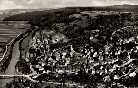 Postcard Forchtenberg in the Hohenlohe district, aerial view of Forchtenberg, houses, river, landscape