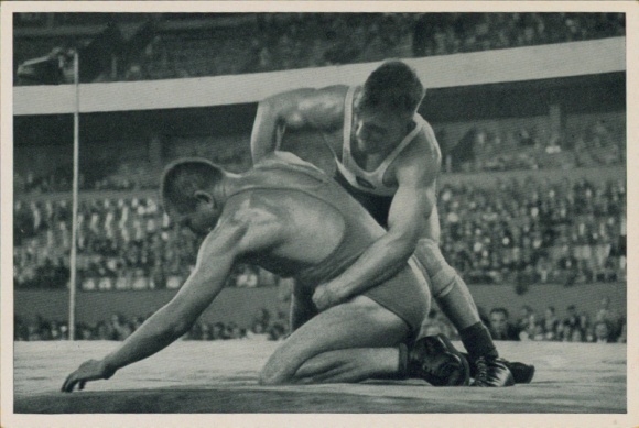 Collector's card Olympia 1936, wrestler Schäfer against Fischer