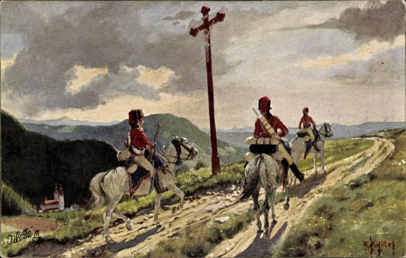 Artist Postcard Knötel, R., Prussian Hussar Patrol in the Seven Years' War