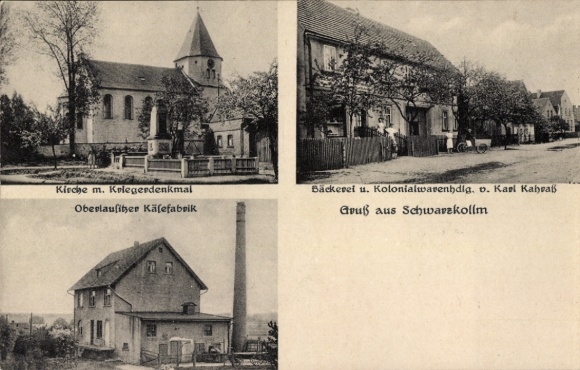 Postcard Schwarzkollm Hoyerswerda Oberlausitz, church, war memorial, Upper Lusatian cheese factory, shop