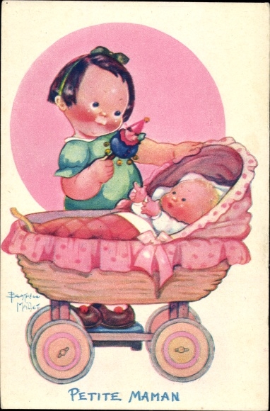 Artist Postcard Mallet, Beatrice, Petite Maman, girl with rattle, baby, stroller
