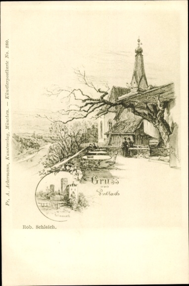 Artist Postcard Schleich, Rob., Pullach im Isartal, Schwaneck Castle, town view with church