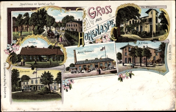Litho Hohenaspe Schleswig Holstein, Hauptstraße, Gasthof zur Post, M.F. Voss, Ellernbrook
