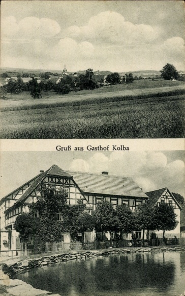Ak Neustadt an der Orla, Landschaftsaufnahme, Gasthof Kolba, Wiese, Wasser