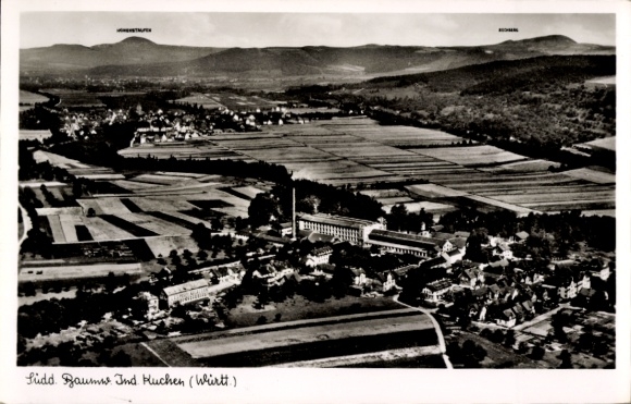 Postcard Kuchen an der Fils Württemberg, aerial view of Kuchen, industrial buildings, fields and mountains