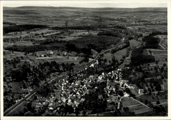 Postcard Ruit Bretten in Baden, aerial view of Ruit near Bretten, rural surroundings, houses, fields