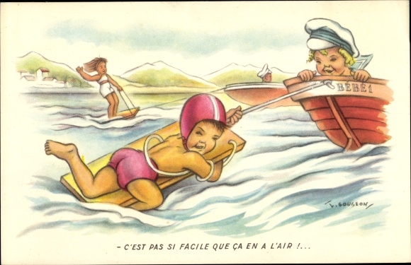 Artist Postcard Gougeon, It&#39;s not as easy as it looks, Wasserski