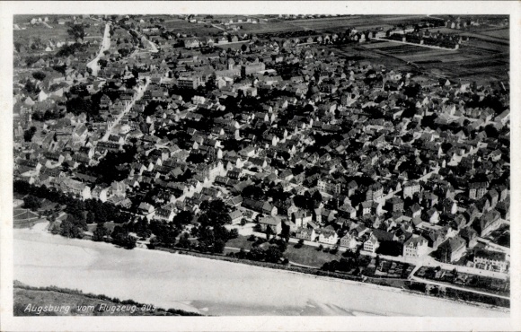 Postcard Augsburg in Swabia, aerial view of building, river, landscape