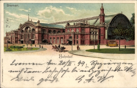 Litho Hansestadt Bremen, Bahnhof, Vorplatz, Straßenbahn