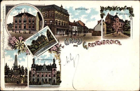 Litho Grevenbroich im Rhein Kreis Neuss, Breitestraße, altes Schloss, Kreis Ständehaus, Rathaus