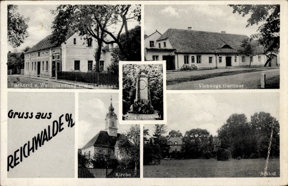 Postcard Reichwalde Boxberg in Upper Lusatia, Bakery Max Lehmann, Gasthaus Viehweg, Church, Castle