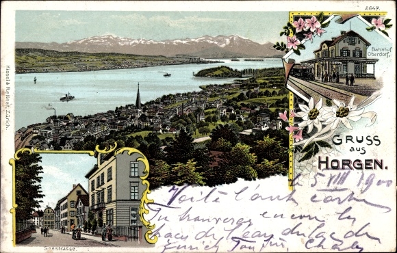 Chromo-Litho Horgen Canton Zurich, Oberdorf train station, platform side, view of the town
