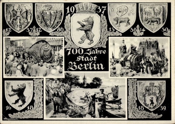 Coat of arms Postcard Berlin, 700th anniversary 1937, Stralau fishing procession, pageant