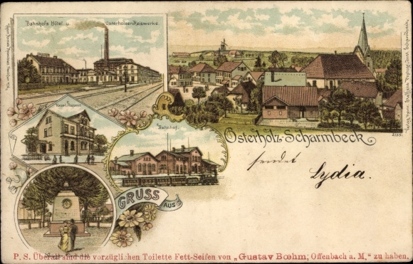 litho Osterholz Scharmbeck in Nedersaksen, treinstation hotel, treinstation, oorlogsmonument, postkantoor