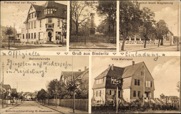 KP Biederitz Saksonia Anhalt, pomnik wojenny, Gasthof Stadt Magdeburg, Bahnhofstrasse, Villa Wehrspat