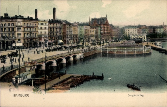 Postcard Hamburg Mitte Neustadt, Jungfernstieg, city view, water, boats
