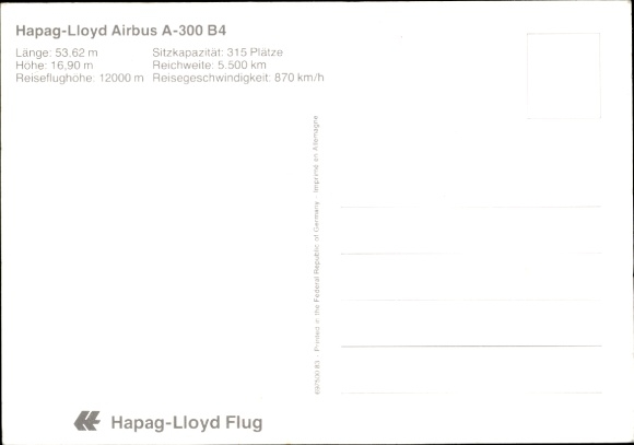Postcard passenger aircraft of Hapag Lloyd, Airbus A 300 B 4