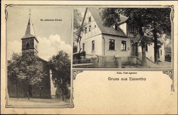 Postcard Essentho Marsberg in the Hochsauerland district, St. Antonius church, post office