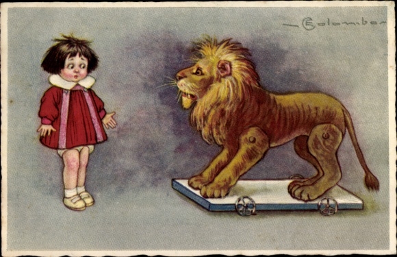 Artist Postcard Colombo, Girl and Plush Lion on Wheels
