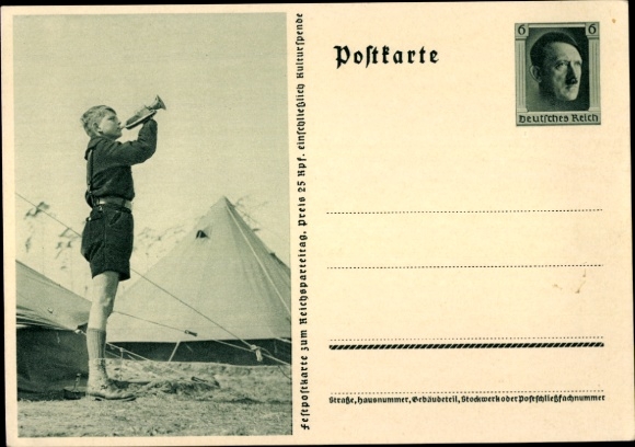Postal stationery Postcard HJ Pimpf blows the roll call, tent camp, Reich Party Rally 1937