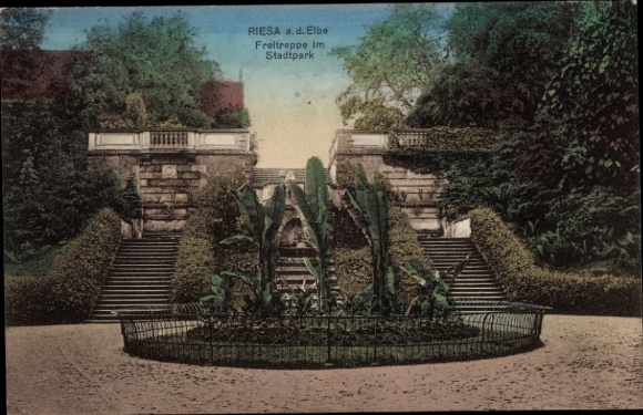 Ak Riesa an der Elbe Sachsen, Freitreppe im Stadtpark, Pflanzen, Treppenanlage