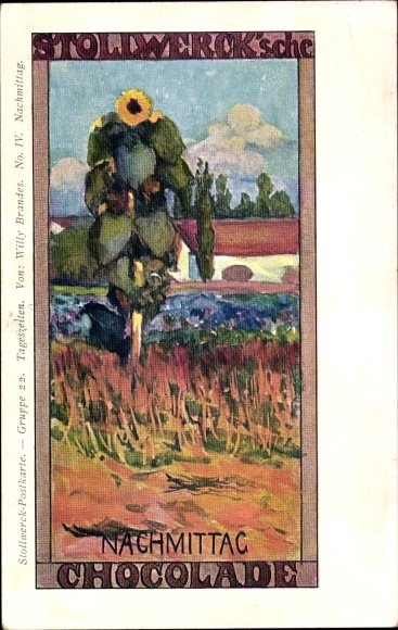 Art Nouveau artist Postcard Brandes, Willy, Stollwerck chocolate, times of day, afternoon, sunflower
