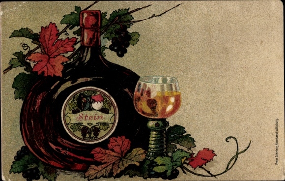 Chromo-Litho wine bottle and wine glass, stone, vine tendrils