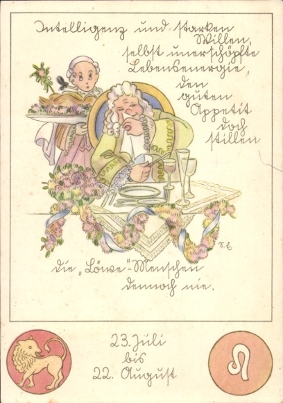 Kunstenaar Ak Sterrenbeeld Leeuw, Man aan tafel, Diner, Gebraden