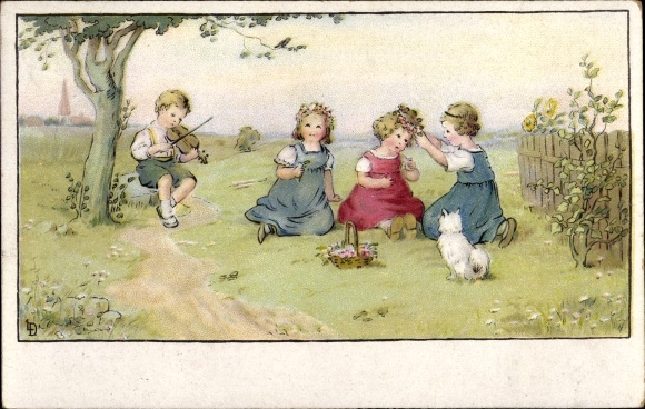 Artist Postcard Döring, Lia, children on a meadow