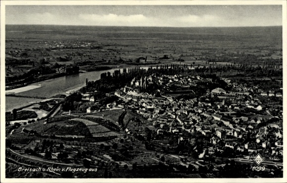 Postcard Breisach am Oberrhein, aerial view of river landscape, city