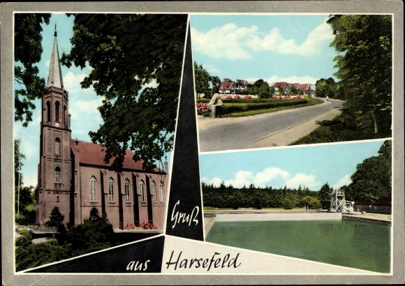 Ak Harsefeld in Nedersaksen, kerk, buitenzwembad, straatgedeelte