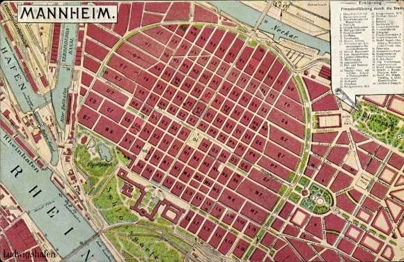City map Postcard Mannheim in Baden, total view, castle garden, Rhine, Neckar, harbor