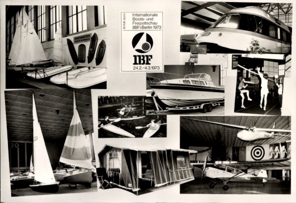 Ak Berlin, Internationale Boots- und Freizeitschau, IBF 1973, Boote, Segelflugzeug, Zelt