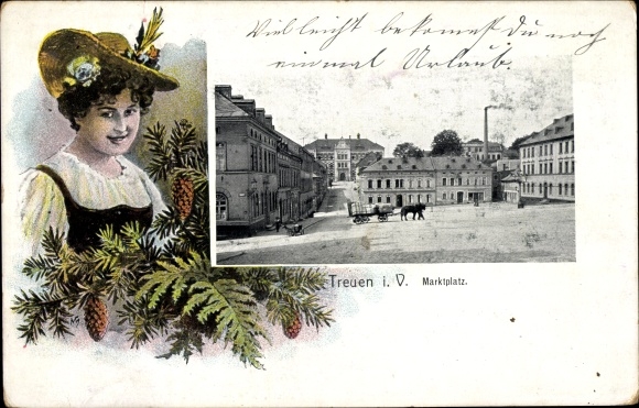 KP Treuen w Vogtland, rynek, kobieta w stroju ludowym, szyszki