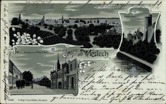 Mondschein Litho Wiesloch im Rhein Neckar Kreis, Gasthaus zur Pfalz, Post, Stadtmauer
