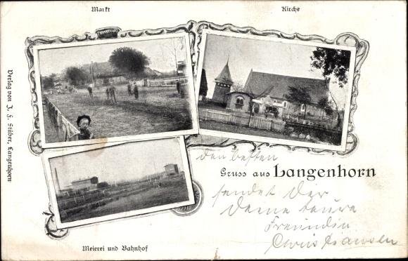 Ak Langenhorn in Nordfriesland, Kirche, Markt, Meierei, Bahnhof