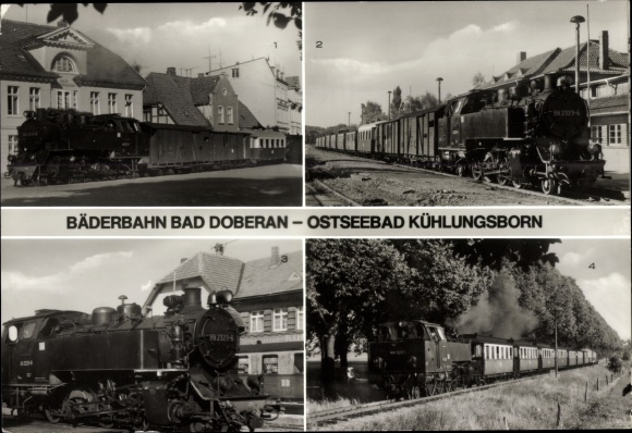Ak Bad Doberan in Mecklenburg, Bäderbahn Molli, Dampflokomotive, Personenzug in Kühlungsborn Ost