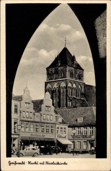 Postcard Greifswald Mecklenburg Vorpommern, market with Nicolaikirche, G. Kollmohr, F. Bärmolff, inn