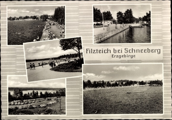 Ak Neustädtel Schneeberg im Erzgebirge, Bergsee Filzteich, Ufer, Parkplatz, Boote