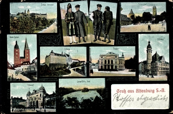 Ak Altenburg in Thüringen, Schloss, Theater, Rathaus, Bahnhof, Rote Spitzen, Altenburger Tracht