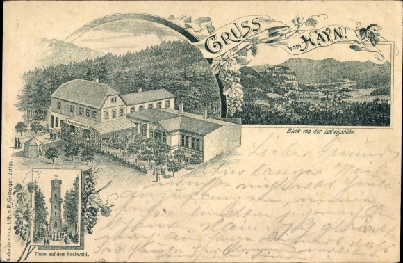 Chromo-Litho Hayn Südharz, view from the Ludwigshöhe, tower on the high forest